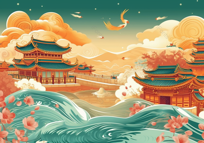 水浪祥云鸟群古典古建筑国潮节日背景插画,插画/手绘图,插画/手绘图库,插画/手绘图下载,插画/手绘